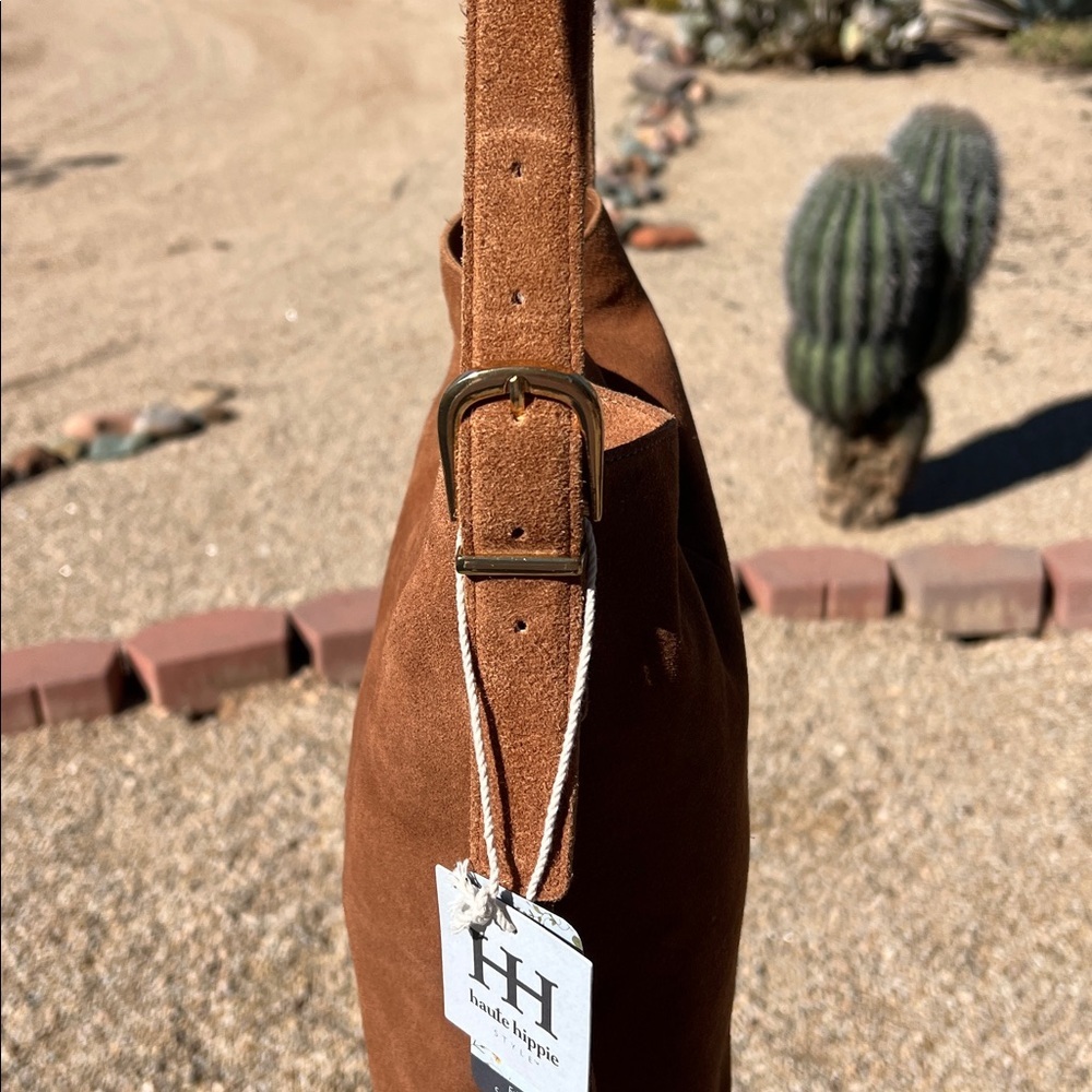Haute Hippie | Honey Tan Suede Bucket Bag w/ Fringe and Adjustable Buckle - Picture 6 of 11